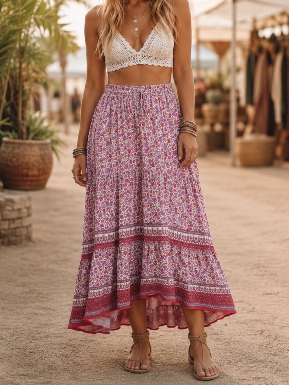 Knox Rose Boho Floral Tiered High-low Maxi Ruffle Skirt XL Peasant Western